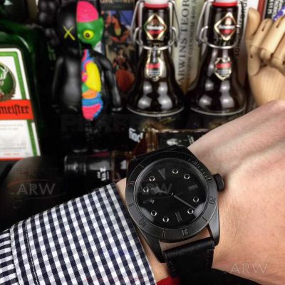 Perfect Replica Tudor Black Bay All Black Case Leather Band 41 MM Automatic Watch On Sale